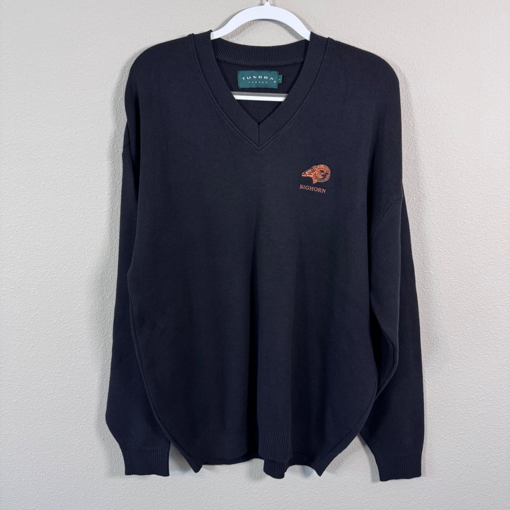Tundra Canada Men's Black 100% Cotton V-Neck Bighorn Ram Embroidered Sweater L